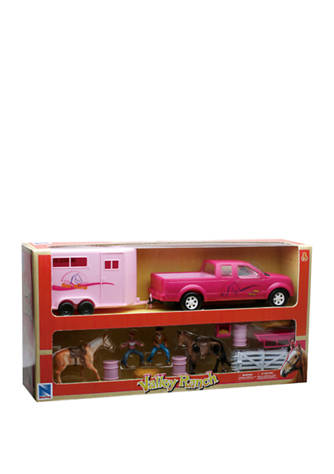 New Ray Free Wheeling Pink Pick Up Truck & Trailer Horse Set