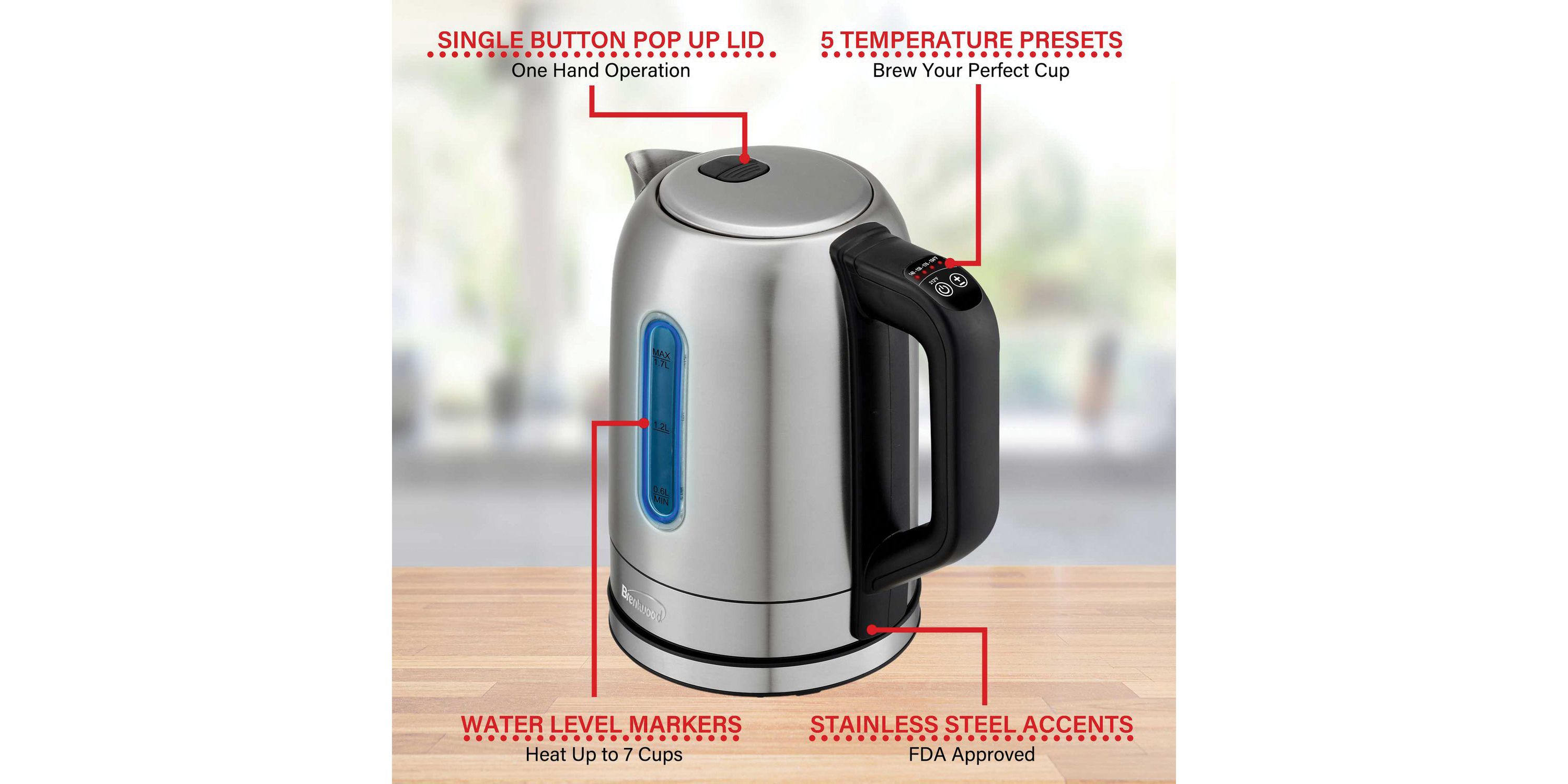 1,500-Watt 1.79-Qt. Cordless Digital Stainless Steel Kettle with 5 Temperature Presets and Swivel Base