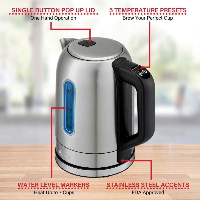 1,500-Watt 1.79-Qt. Cordless Digital Stainless Steel Kettle with 5 Temperature Presets and Swivel Base