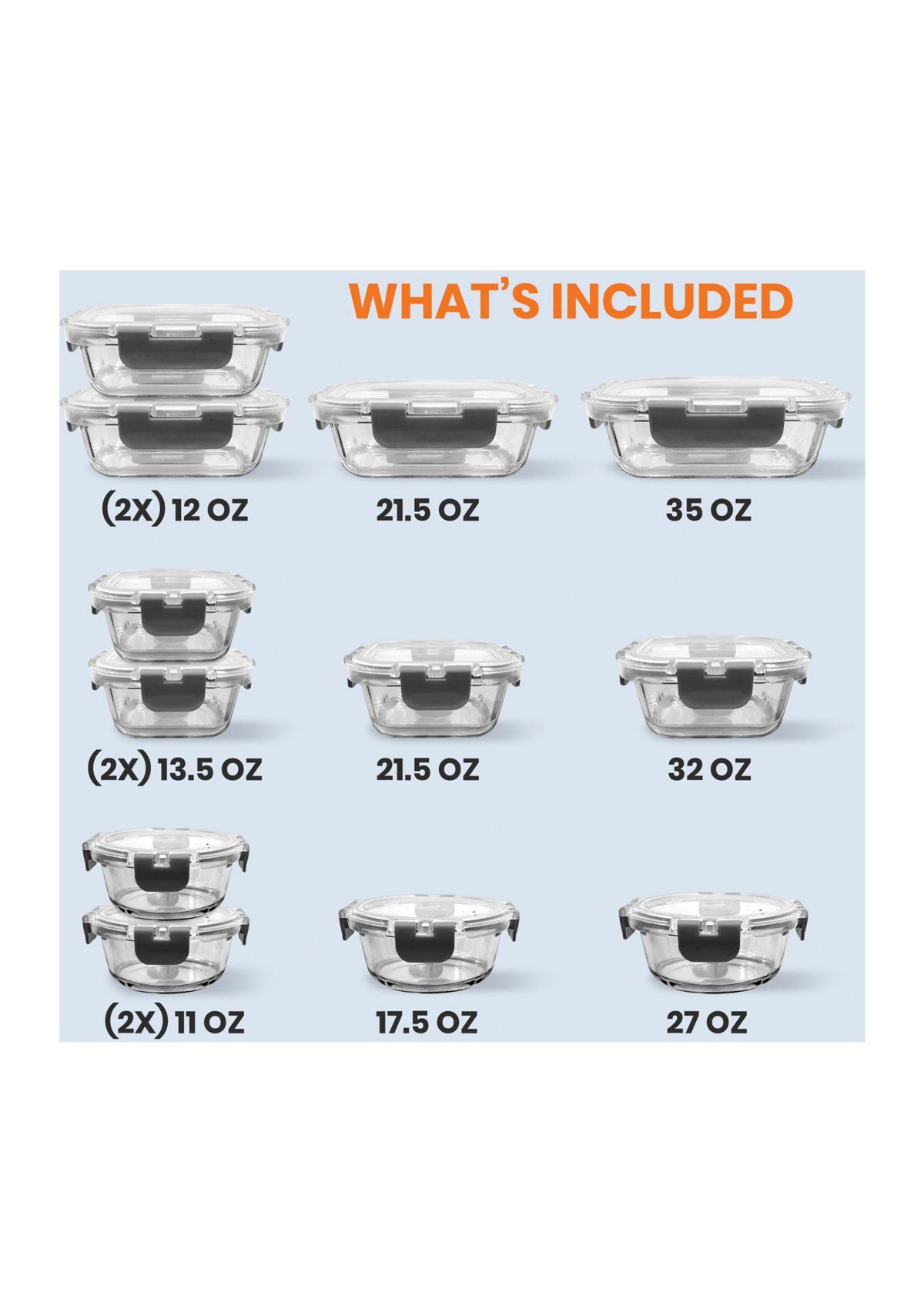 24-Piece Stackable Borosilicate Glass Food Storage Containers Set (Gray)