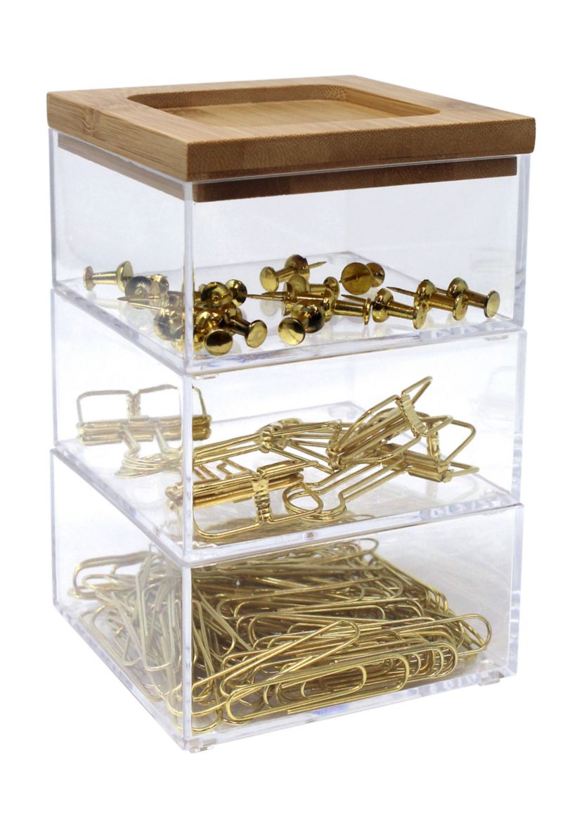 HERITAGE 3PC PUSH PIN, BINDER, PAPER CLIP CLR W BAMBOO LID:No Size:Bamboo