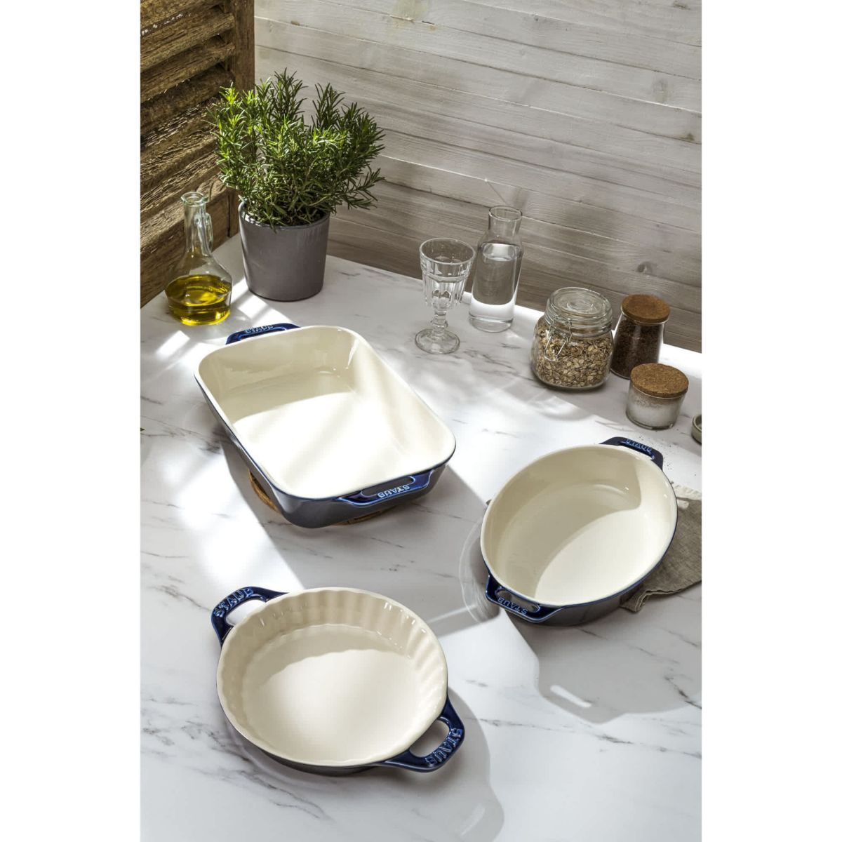 3pc Ceramic Mixed Baking Dish Set Dark Blue