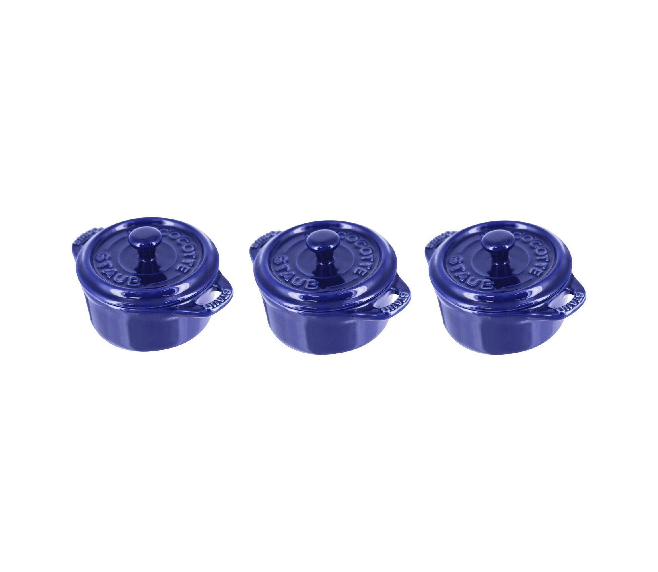 3pc Ceramic Mini Round Cocotte Set Dark Blue