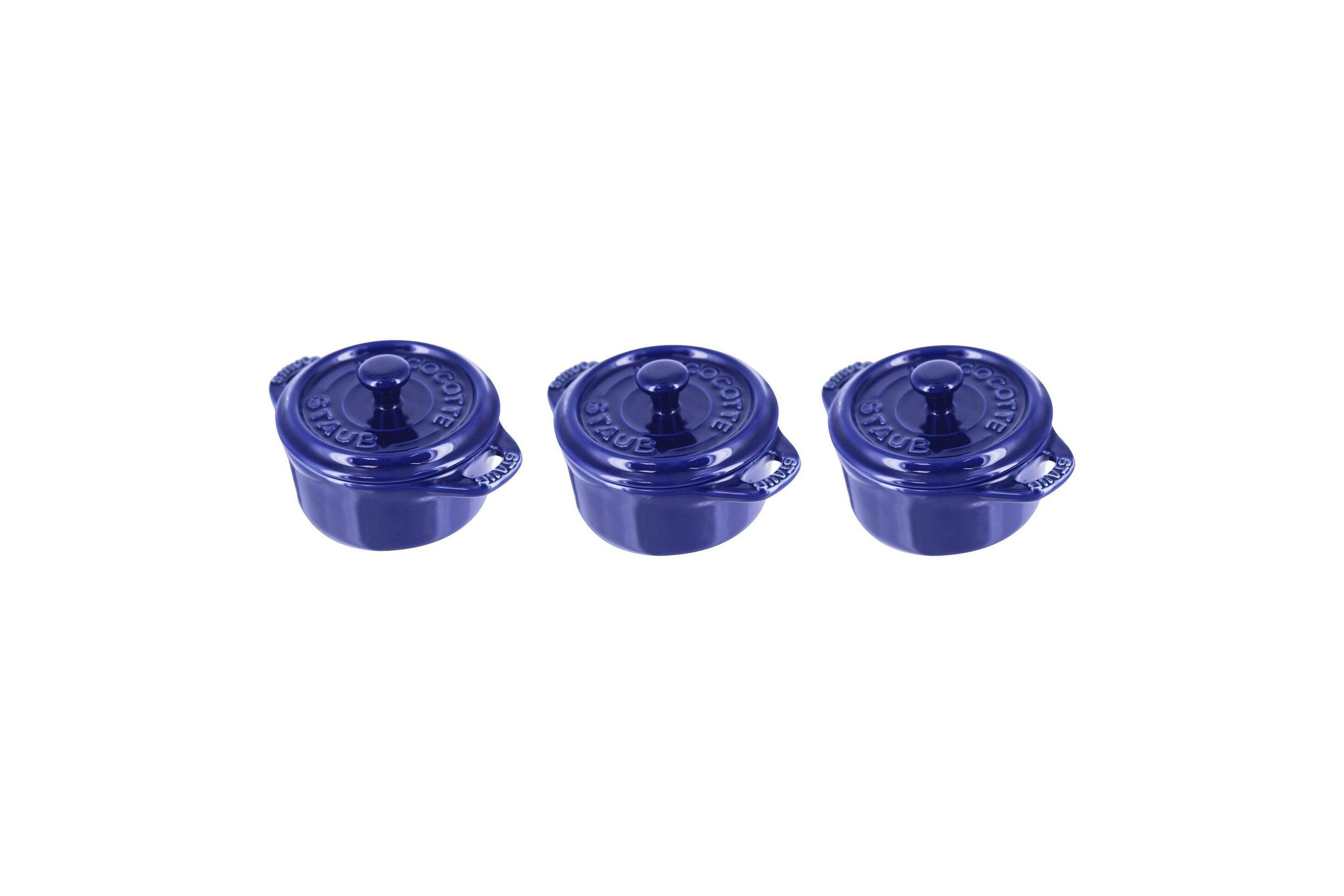 3pc Ceramic Mini Round Cocotte Set Dark Blue