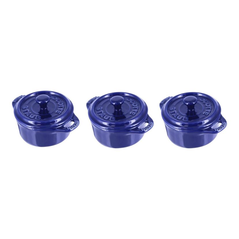 3pc Ceramic Mini Round Cocotte Set Dark Blue