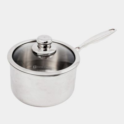 Swiss Diamond Premium Clad Stainless Steel 3.7qt Saucepan w/ Glass Lid - Induction, Silver, 11 x 14