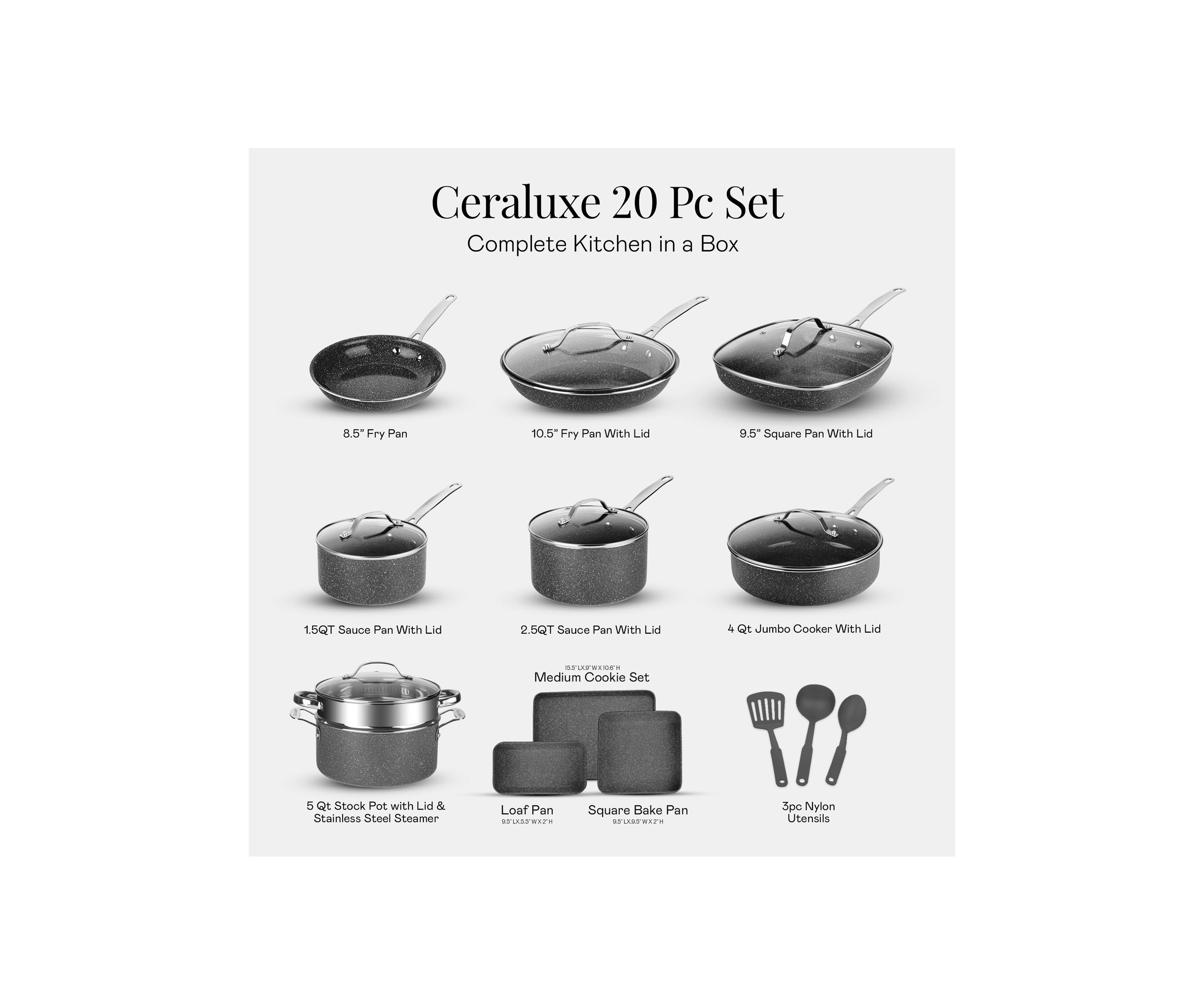 Ceraluxe 20 Piece Nonstick Ceramic Cookware and Bakeware Set