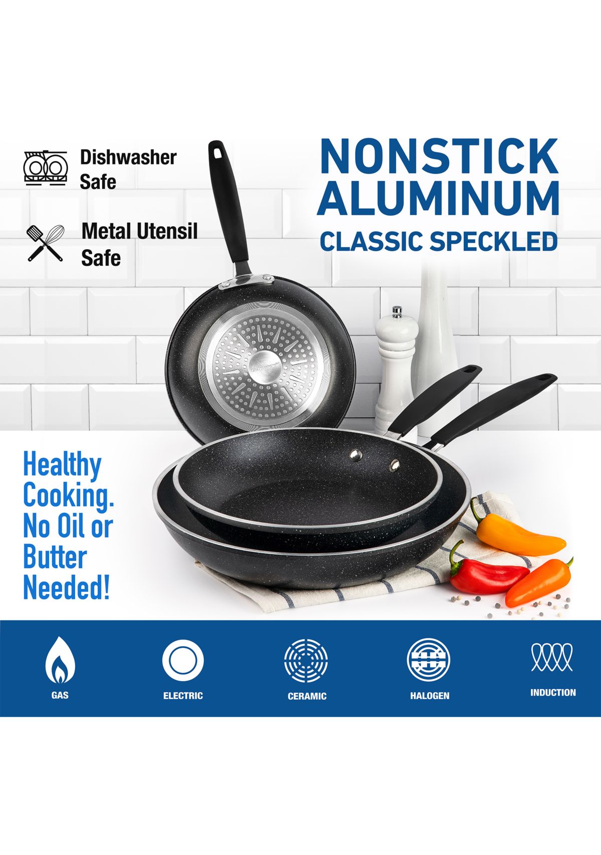 3-Piece Nonstick Mineral and Diamond Triple Coated Frying Pans Set