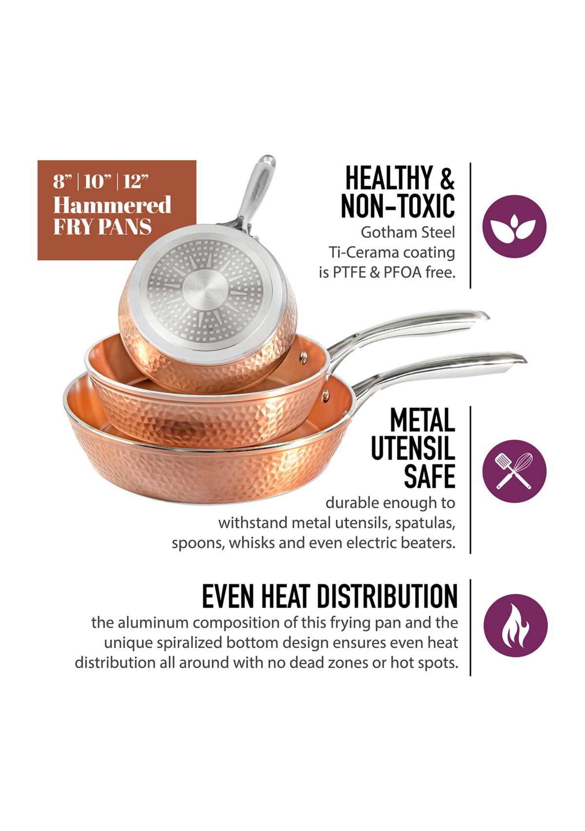 3-Piece Hammered Copper Ti-Ceramic Nonstick Frying Pan Set