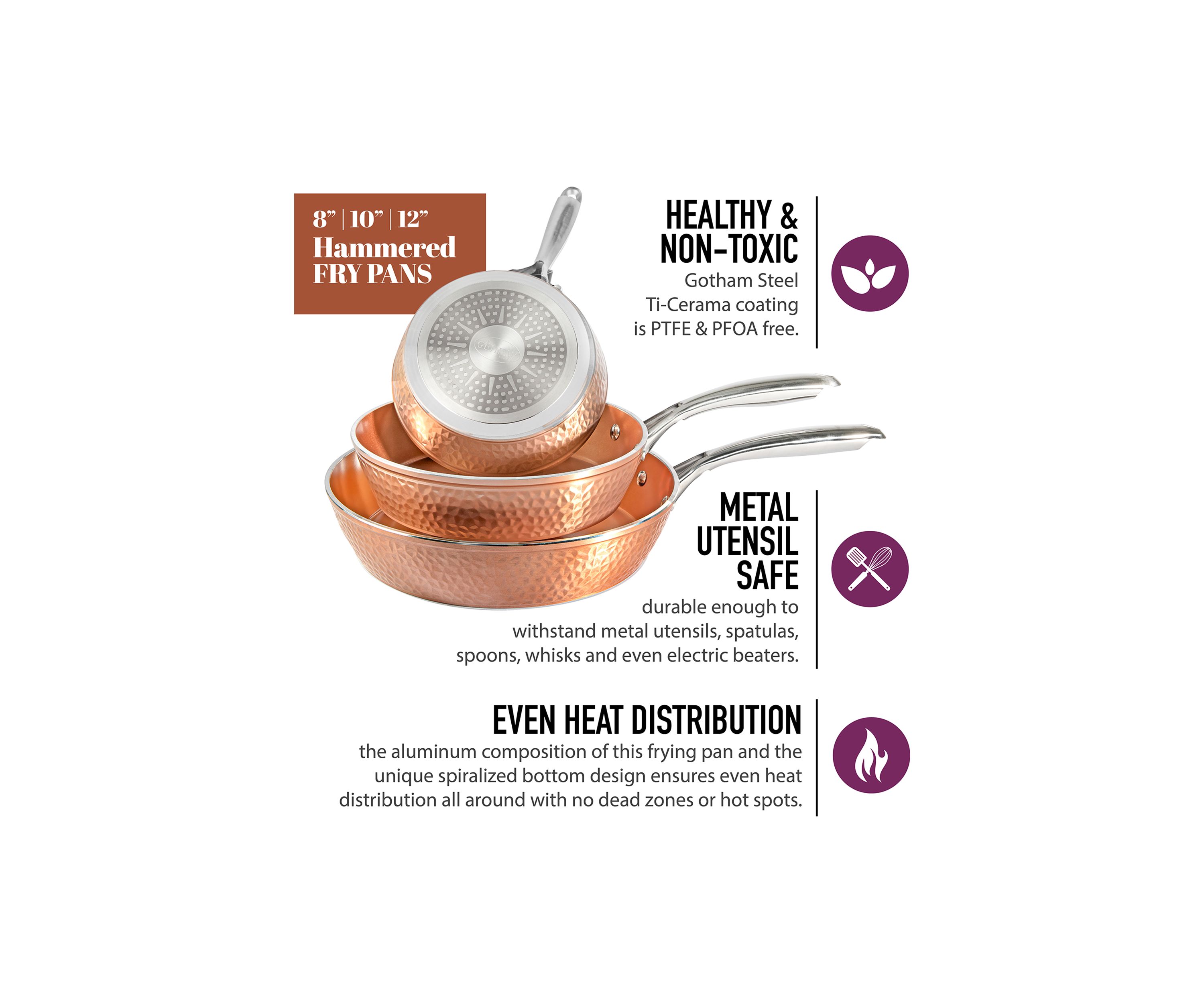 3-Piece Hammered Copper Ti-Ceramic Nonstick Frying Pan Set