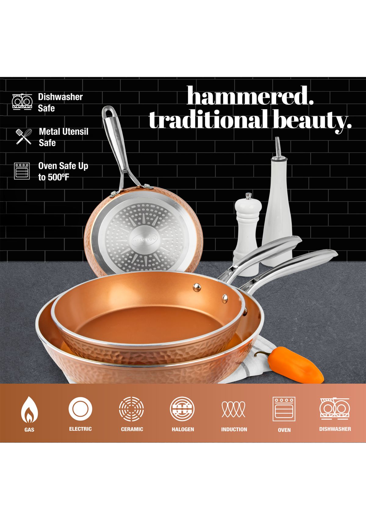3-Piece Hammered Copper Ti-Ceramic Nonstick Frying Pan Set