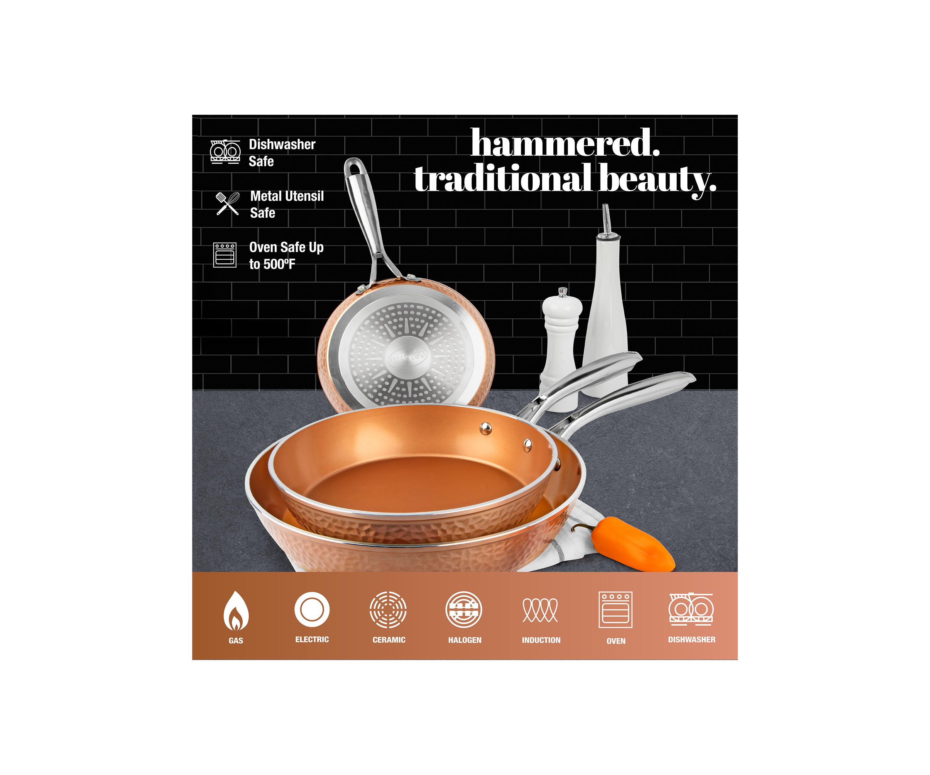 3-Piece Hammered Copper Ti-Ceramic Nonstick Frying Pan Set
