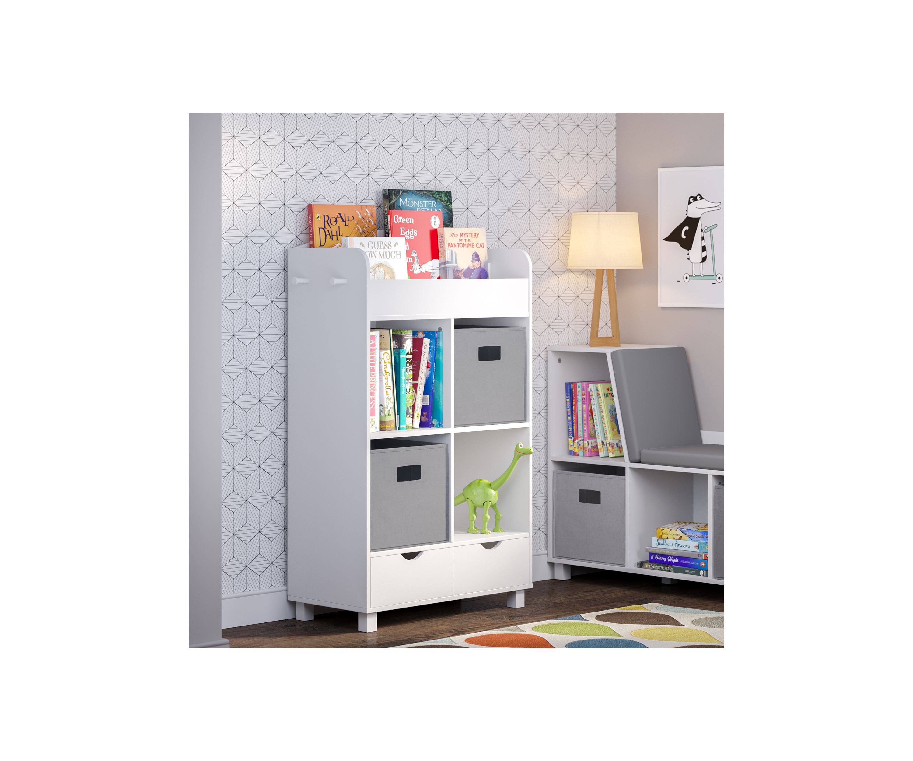  Book Nook Kids Cubby Storage Cabinet with Bookrack and 2 Piece Bin 