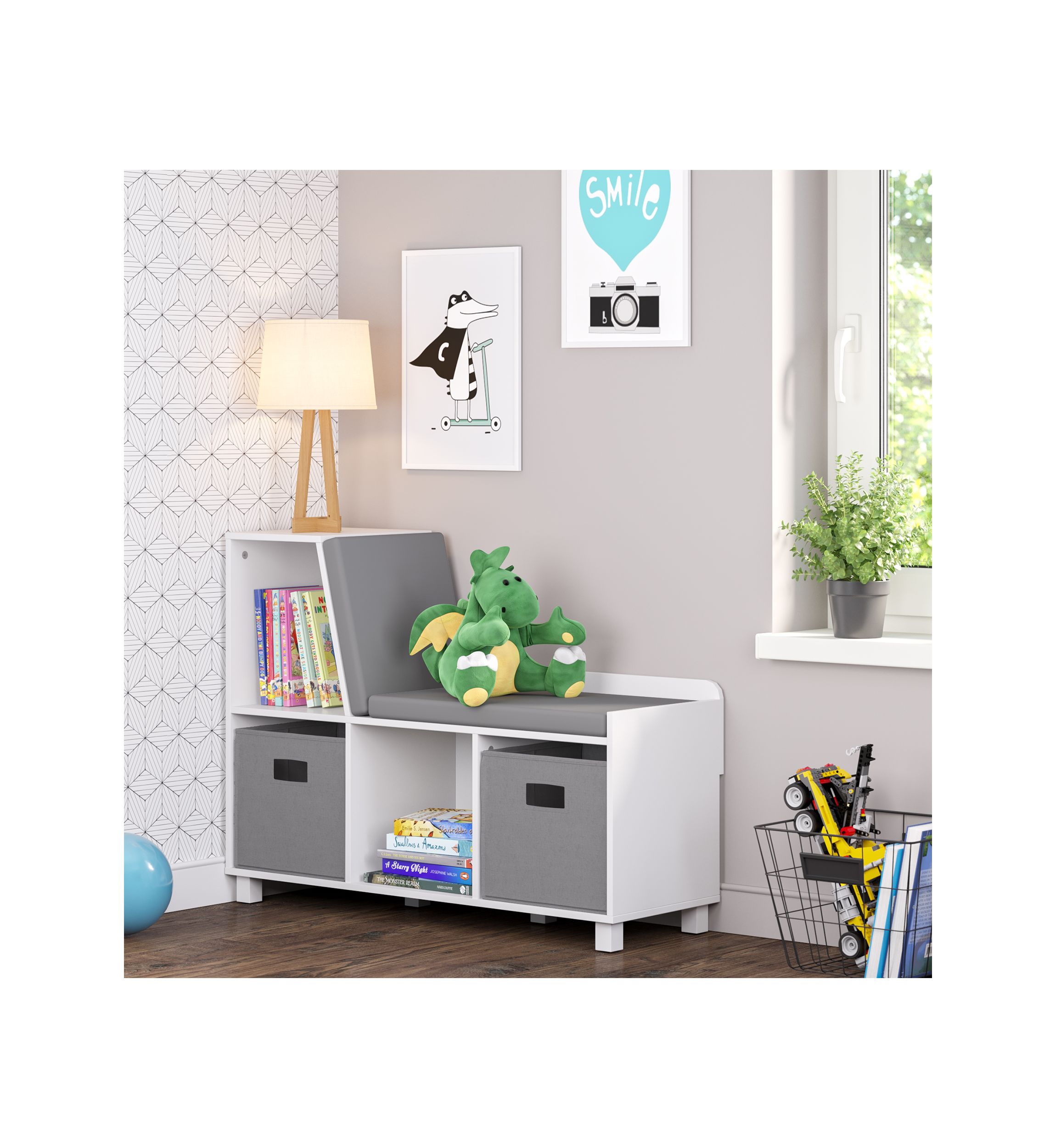  Book Nook Kids Storage Bench with Cubbies and 2 Piece Bin 