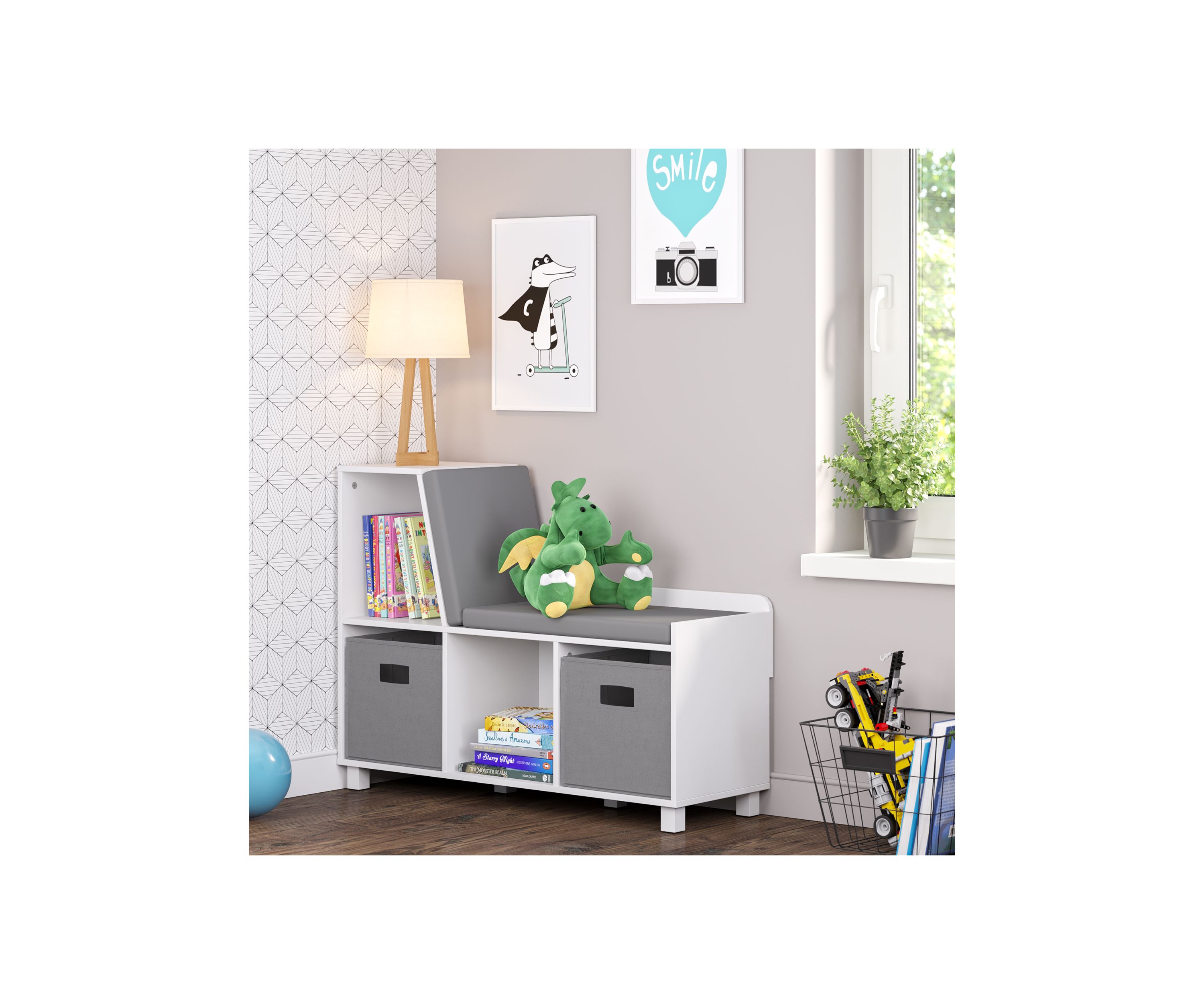  Book Nook Kids Storage Bench with Cubbies and 2 Piece Bin 