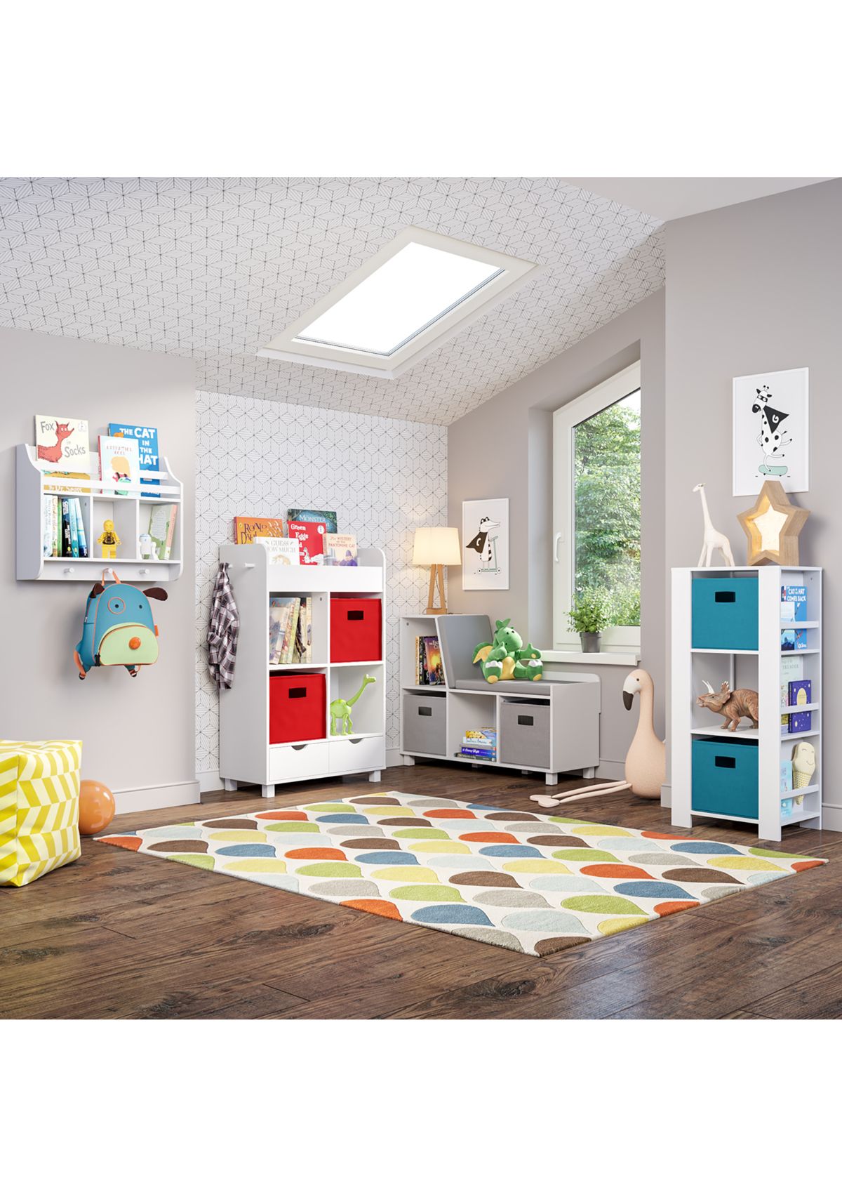  Book Nook Kids Storage Bench with Cubbies and 2 Piece Bin 