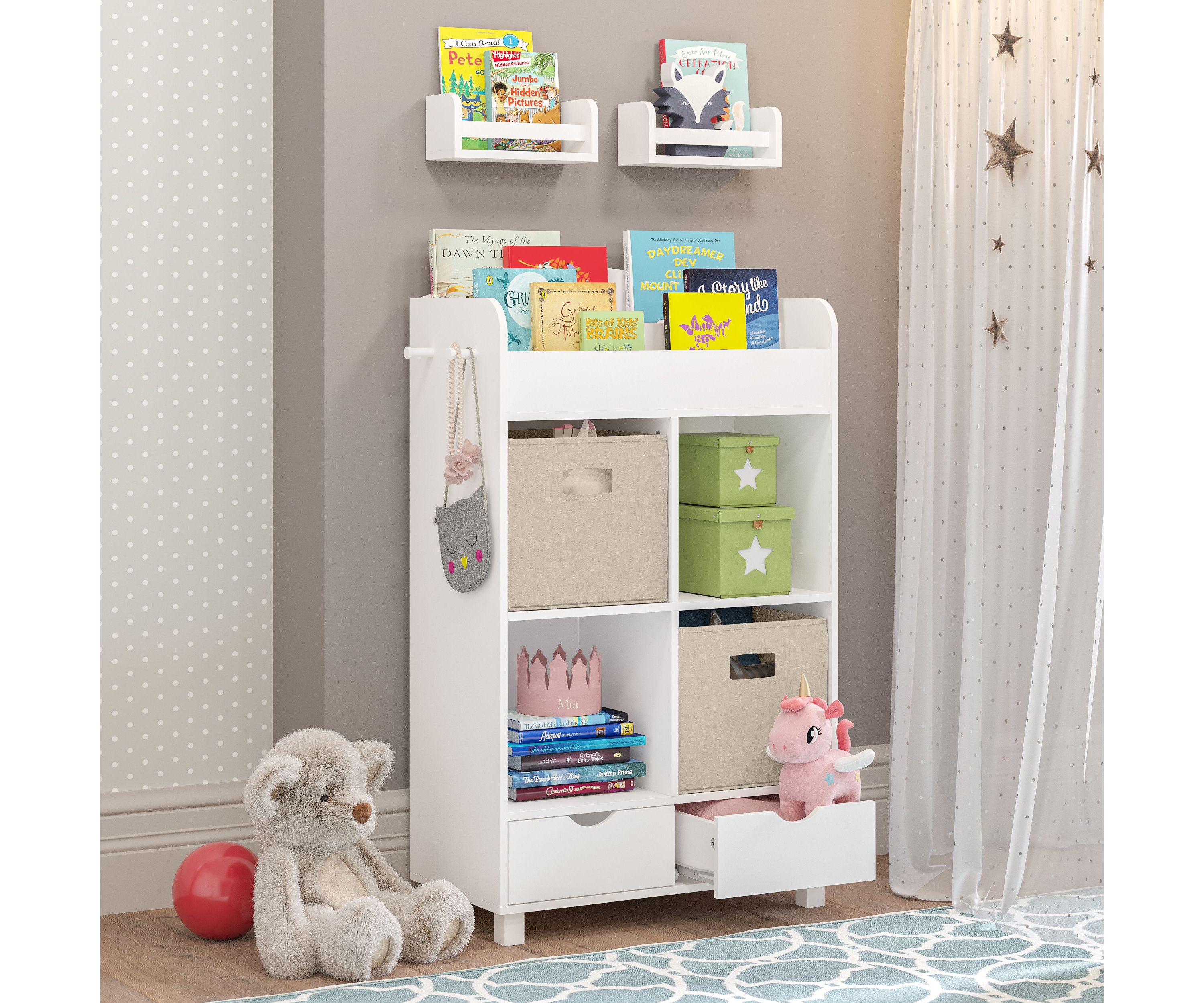 Book Nook Kids Multi-Cubby Storage Cabinet with Bookrack with a 2-Pack of 10" Bookshelves