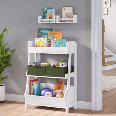 Kids 3-Tier Ladder Shelf with Bookrack, Toy Organizer and 2 Bonus 10" Floating Bookshelves - White