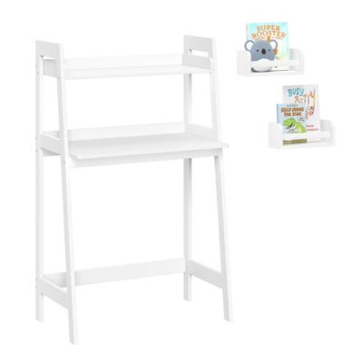 Kids Desk with Ladder Shelf Storage and 2 Bonus 10" Floating Bookshelves - White