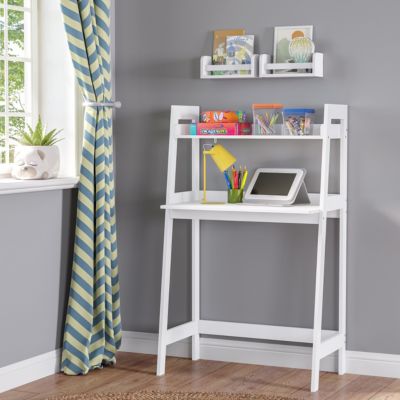 Kids Desk with Ladder Shelf Storage and 2 Bonus 10" Floating Bookshelves - White