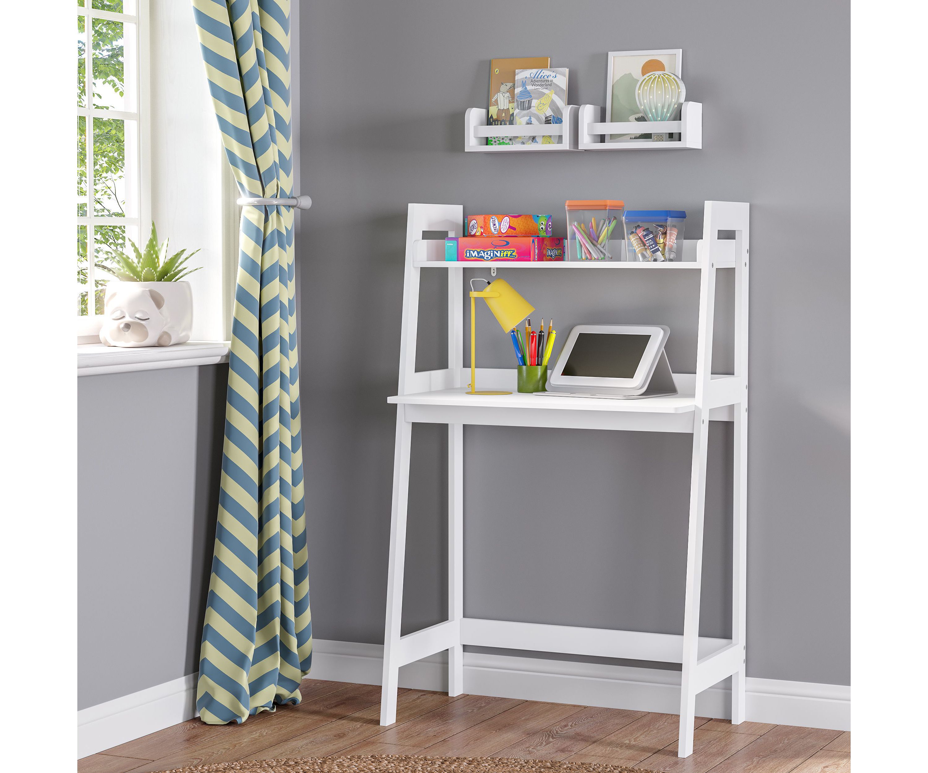 Kids Desk with Ladder Shelf Storage and 2 Bonus 10" Floating Bookshelves - White