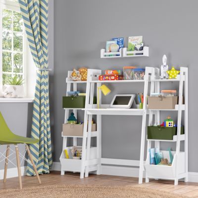 Kids Desk with Ladder Shelf Storage and 2 Bonus 10" Floating Bookshelves - White