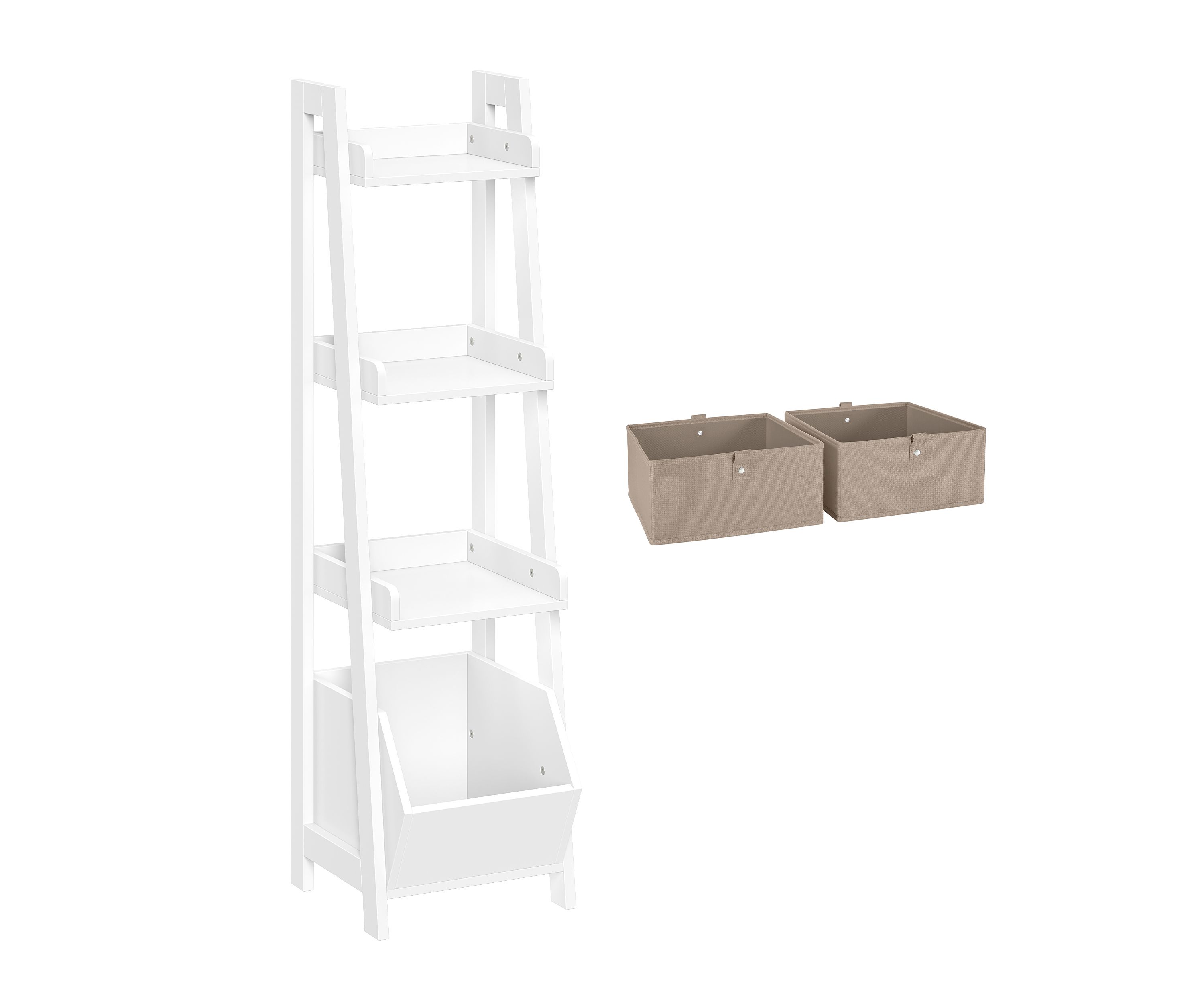 Kids 4-Tier 13in Ladder Shelf with Toy Organizer and 2pc Taupe Bins