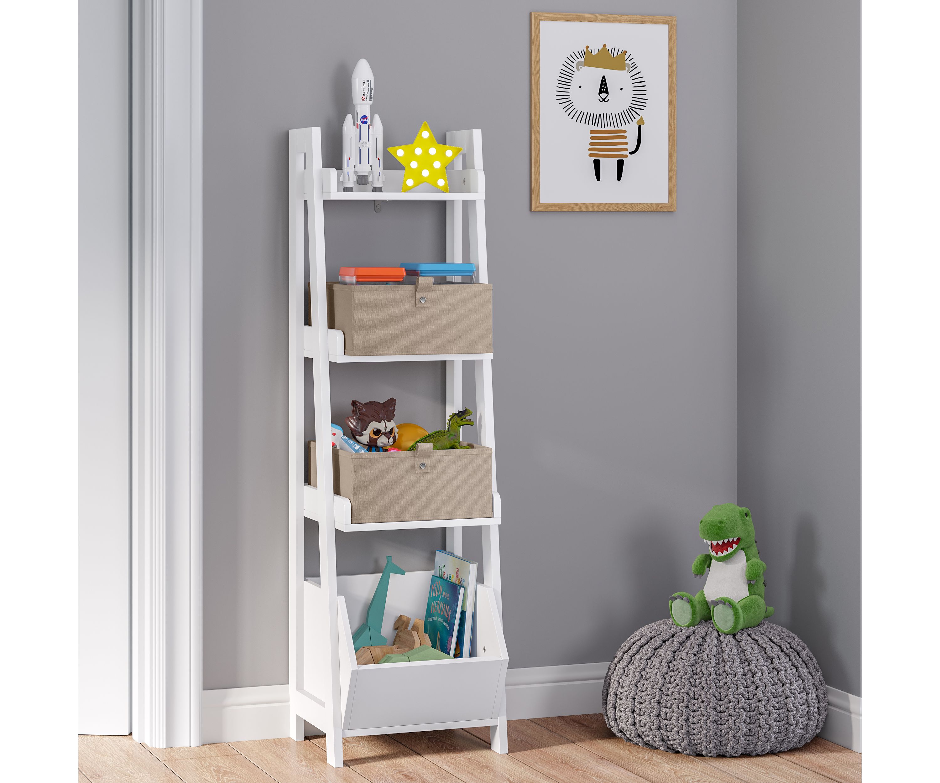 Kids 4-Tier 13in Ladder Shelf with Toy Organizer and 2pc Taupe Bins