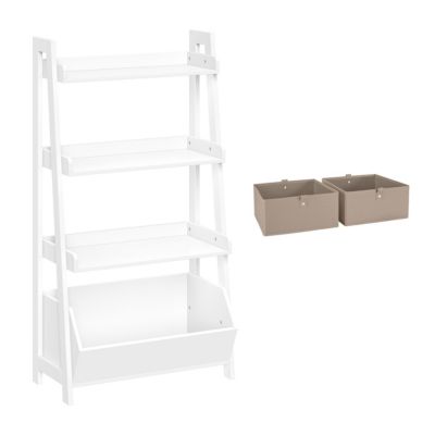 RiverRidge Home Kids 4-Tier 24in Ladder Shelf with Toy Organizer and 2pc Gray Bins, White