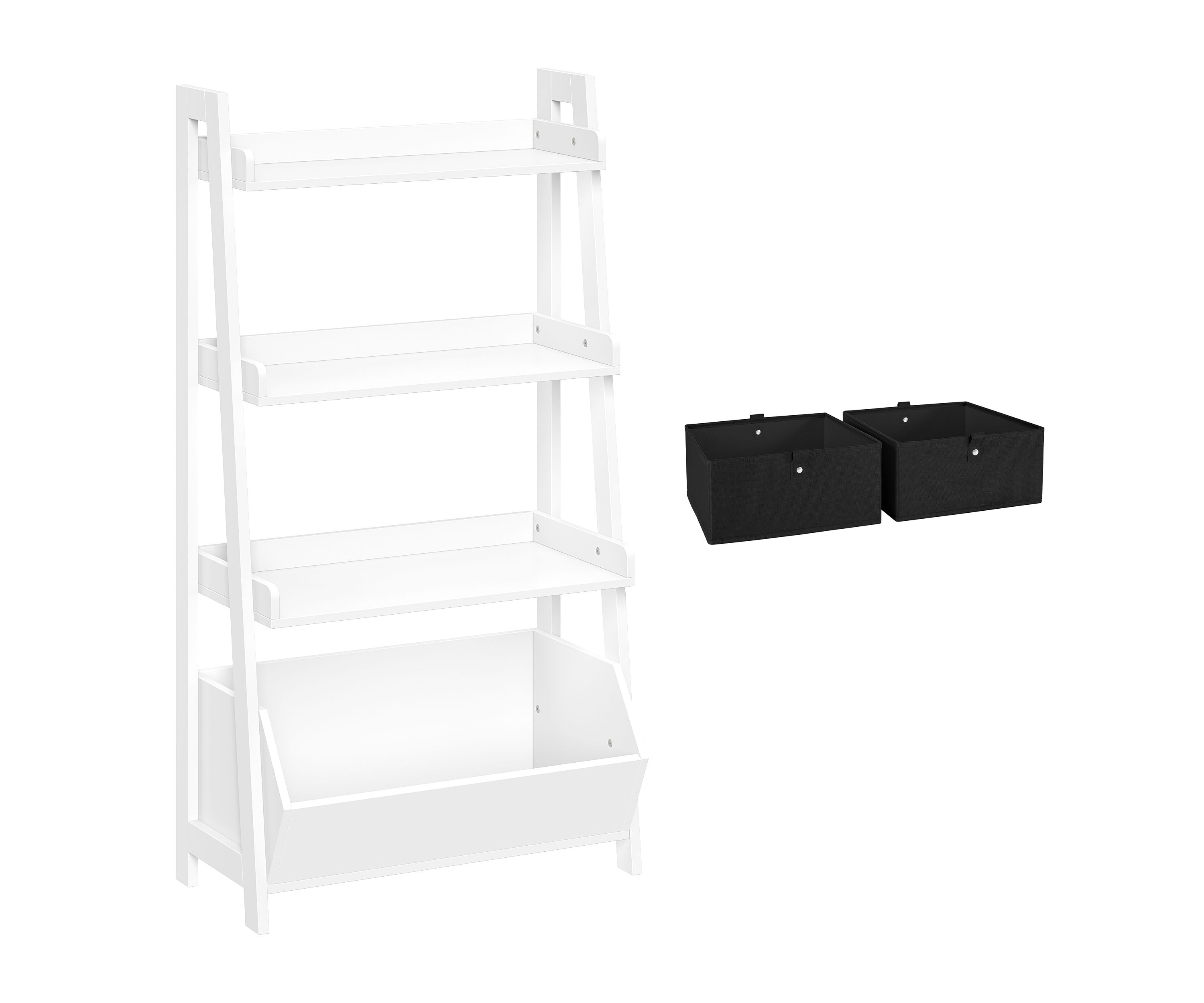 Kids 4-Tier 24in Ladder Shelf with Toy Organizer and 2pc Gray Bins