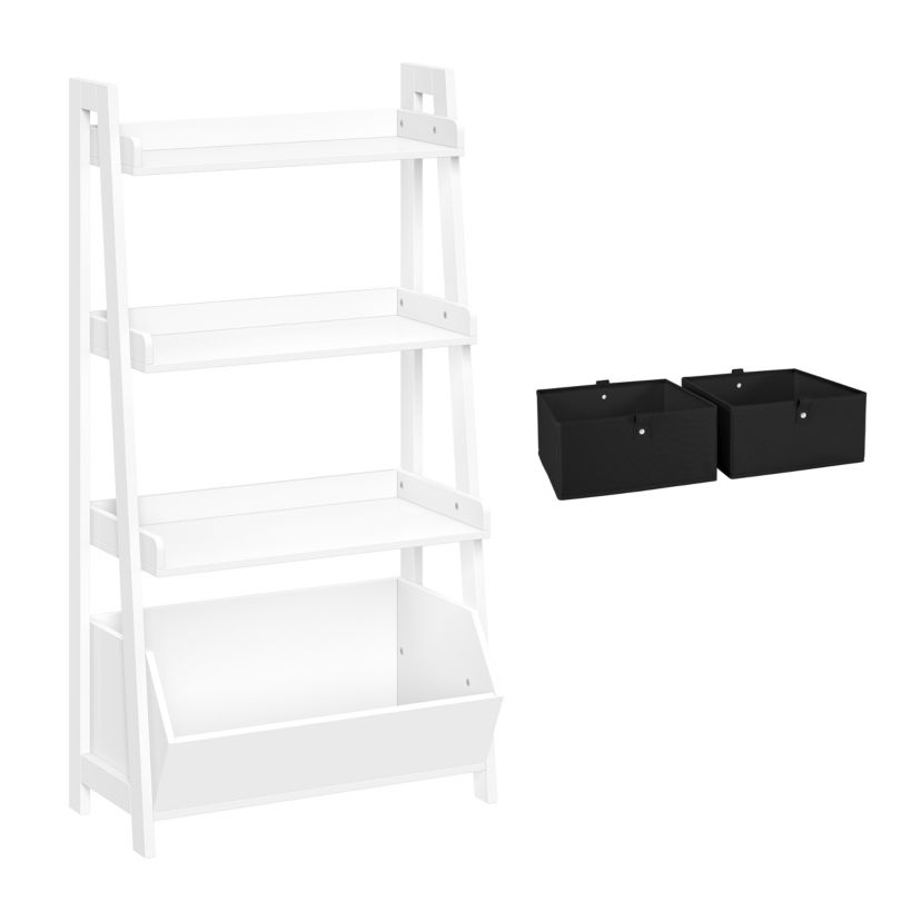Kids 4-Tier 24in Ladder Shelf with Toy Organizer and 2pc Gray Bins
