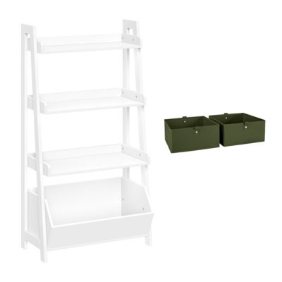 RiverRidge Home Kids 4-Tier 24in Ladder Shelf with Toy Organizer and 2pc Gray Bins, White