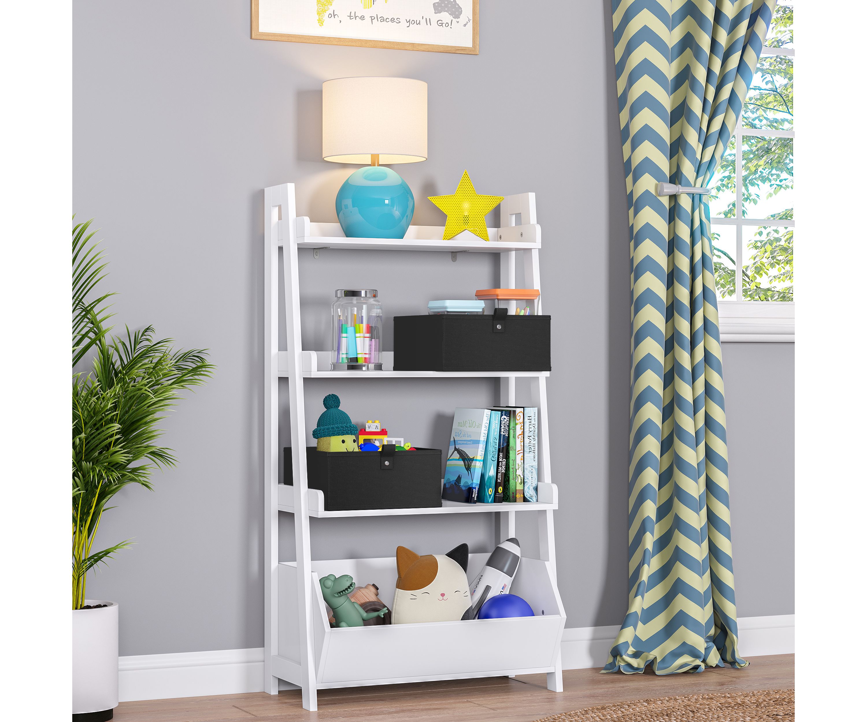 Kids 4-Tier 24in Ladder Shelf with Toy Organizer and 2pc Gray Bins