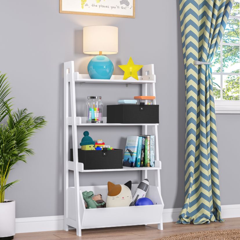 Kids 4-Tier 24in Ladder Shelf with Toy Organizer and 2pc Gray Bins