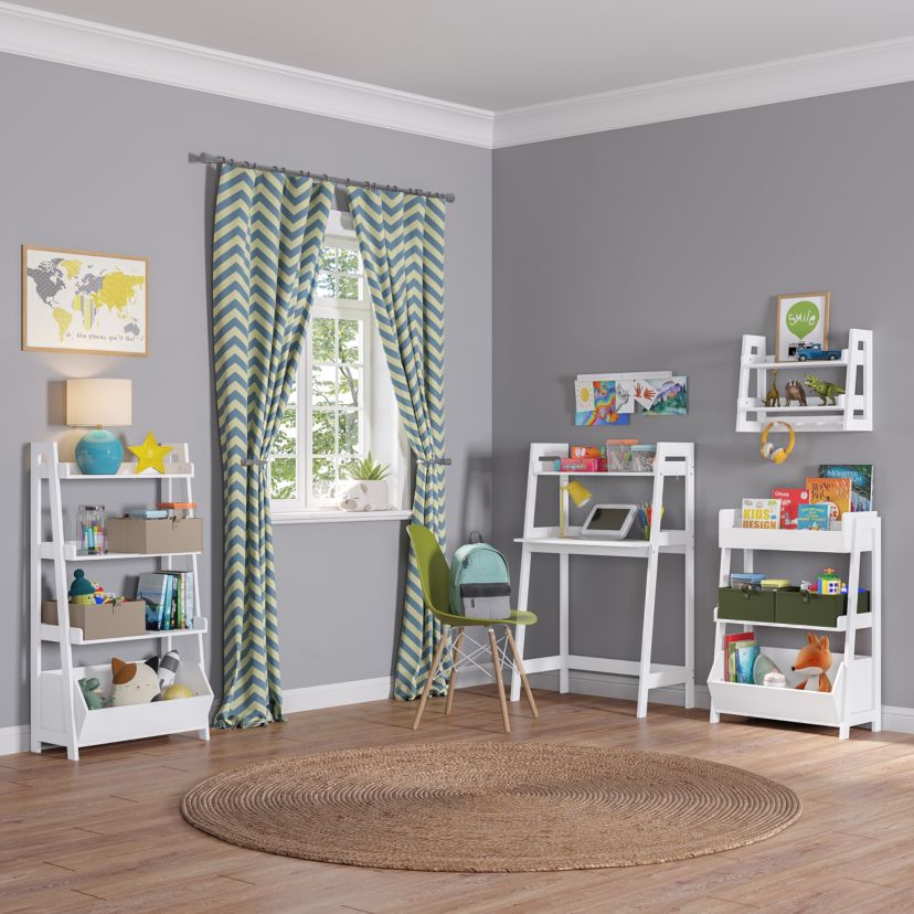 Kids 4-Tier 24in Ladder Shelf with Toy Organizer and 2pc Gray Bins