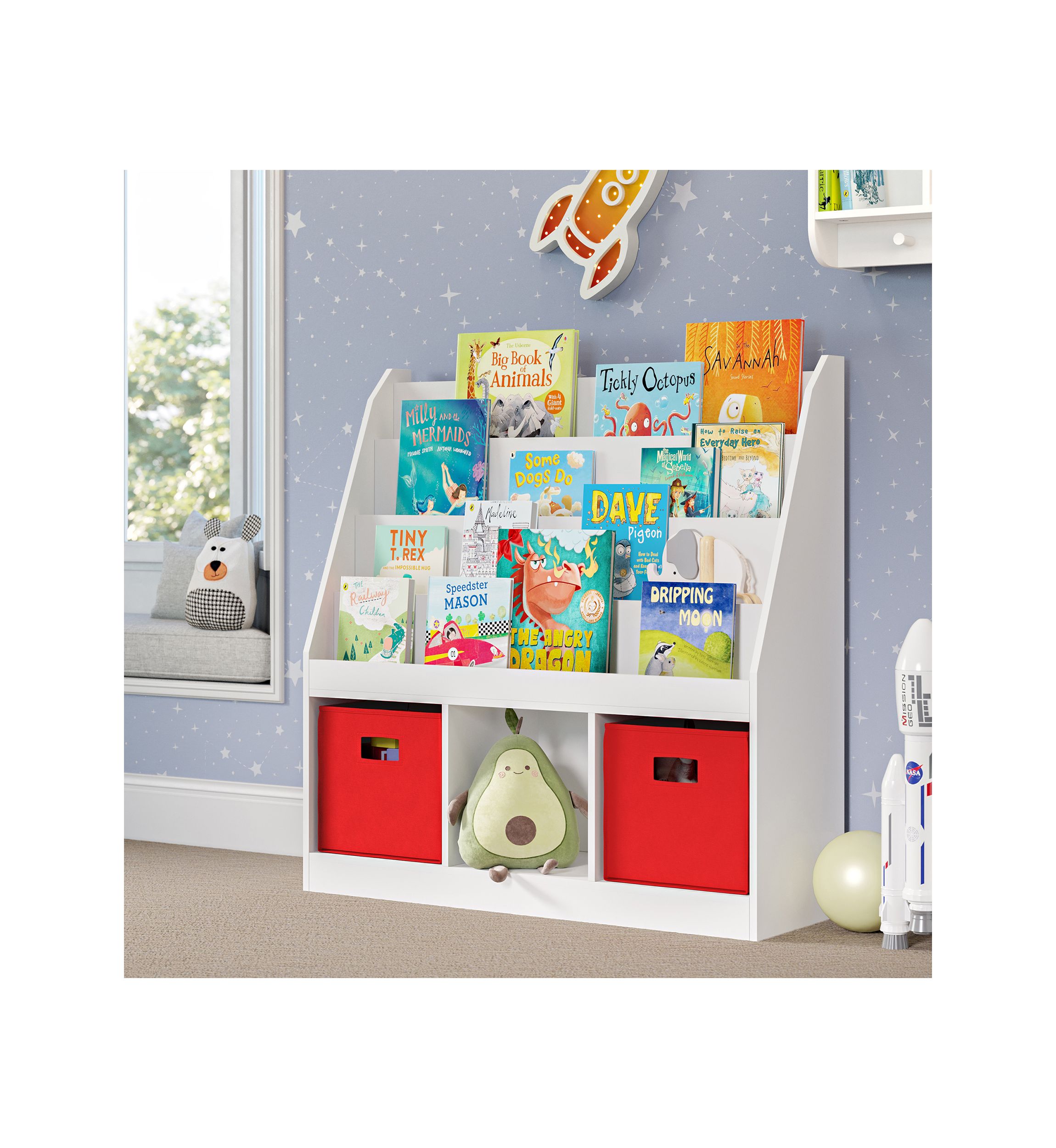 Kids Bookrack with Three Cubbies in White