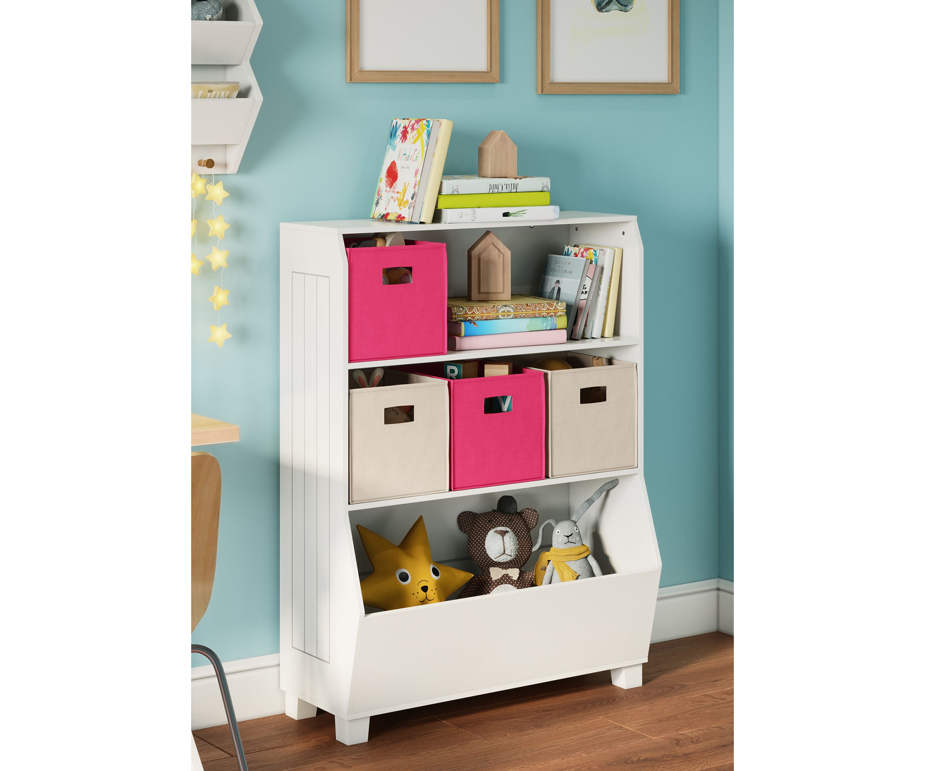 Kids 34 Inch Bookcase with Toy Organizer in White