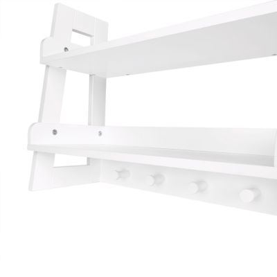 Kids 2-Tier Ladder Wall Shelf with Hooks - White