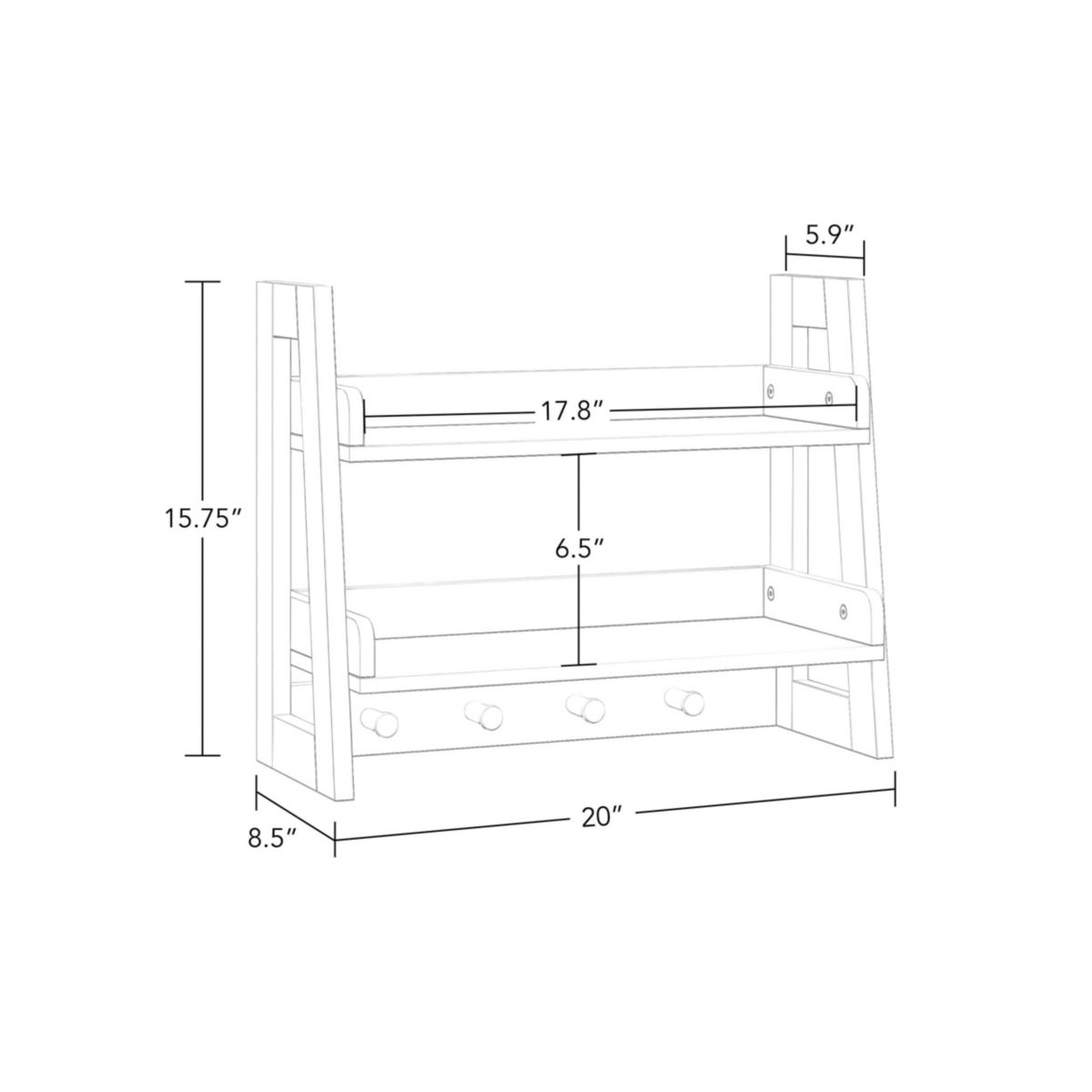 Kids 2-Tier Ladder Wall Shelf with Hooks - White