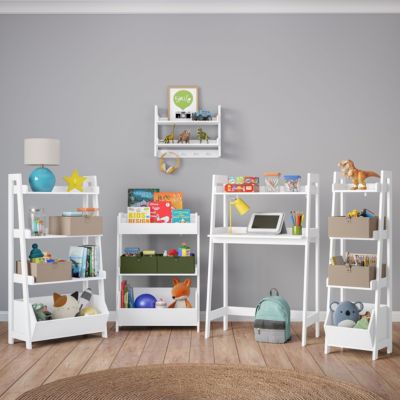 Kids 2-Tier Ladder Wall Shelf with Hooks - White