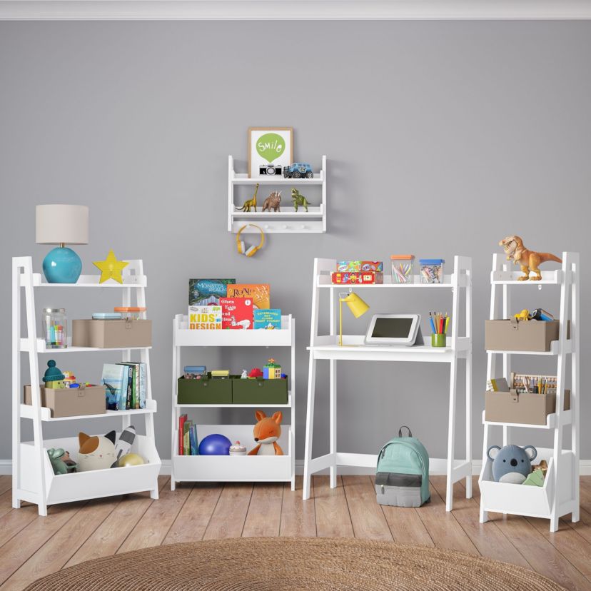 Kids 2-Tier Ladder Wall Shelf with Hooks - White