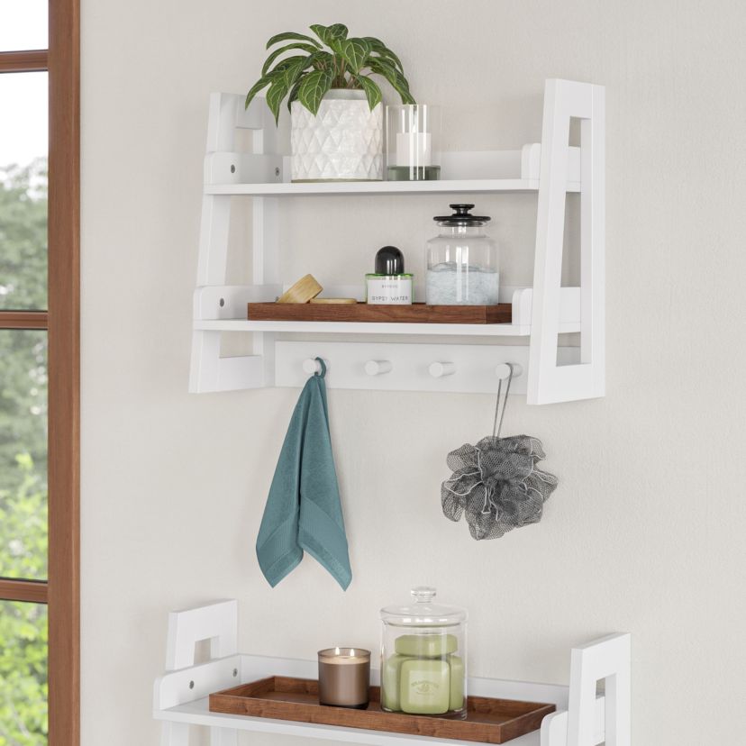 Amery 2-Tier Bathroom Ladder Wall Shelf with Hooks