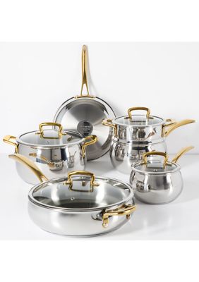 10-Piece Stainless Steel Cookware Set with Gold Handles