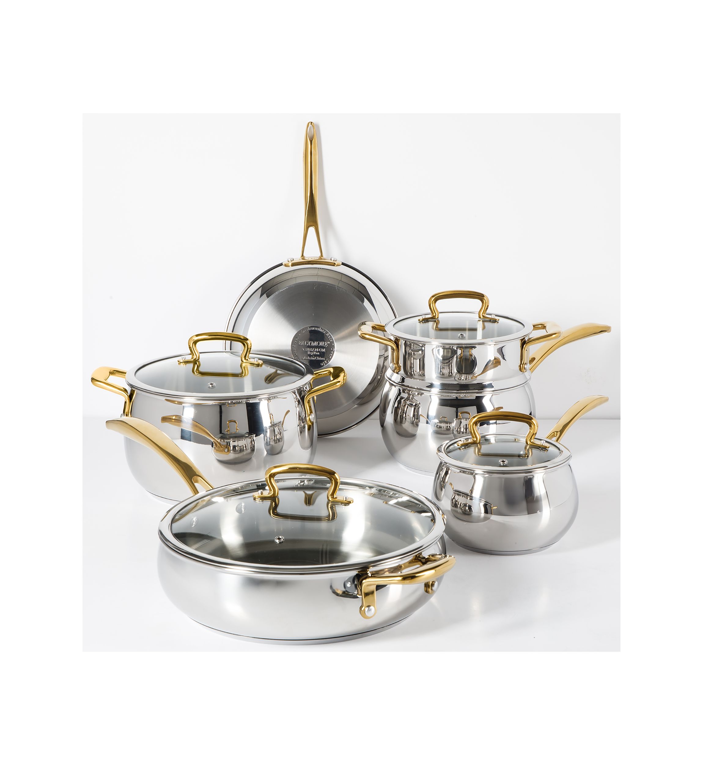 10-Piece Stainless Steel Cookware Set with Gold Handles