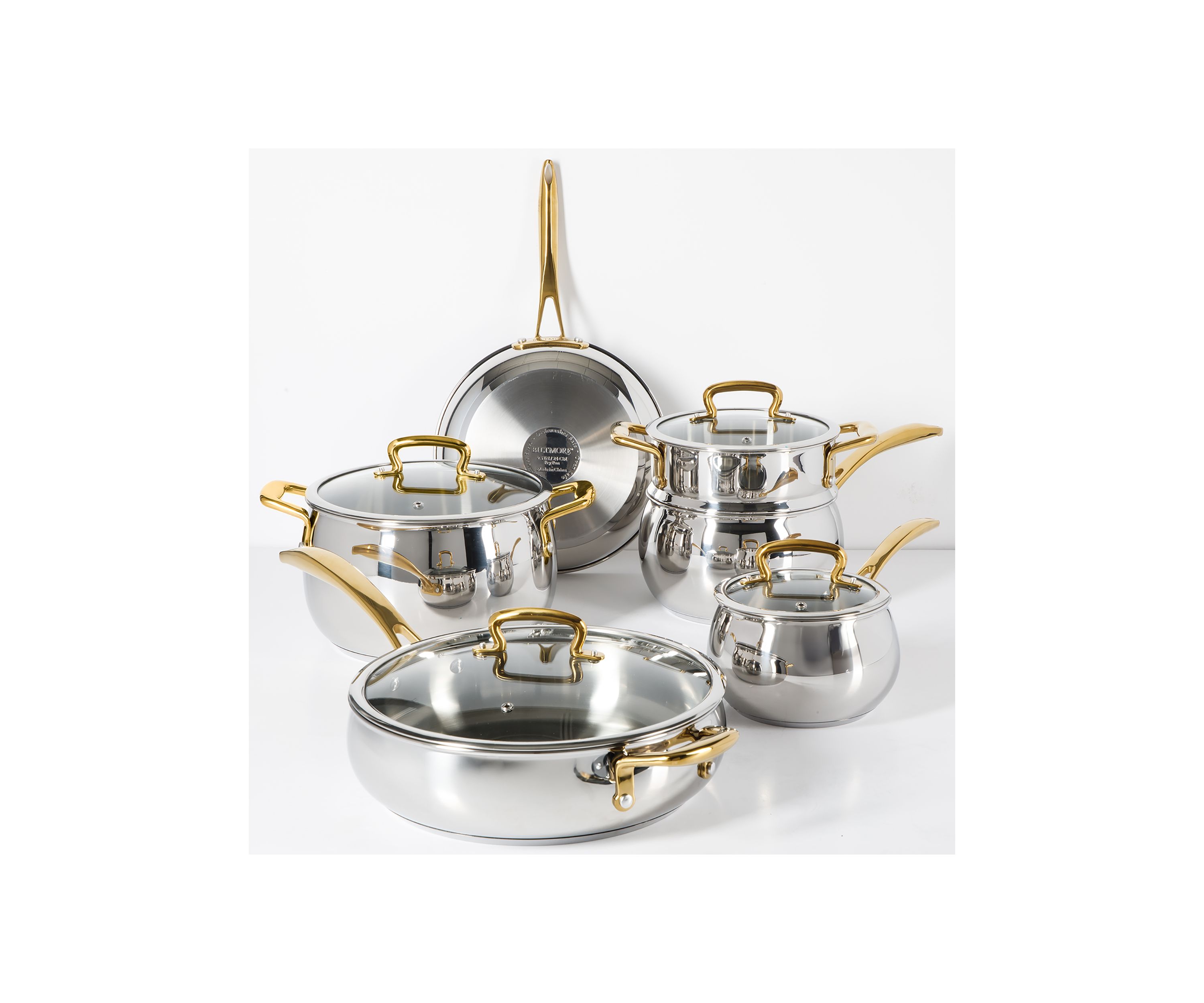 10-Piece Stainless Steel Cookware Set with Gold Handles