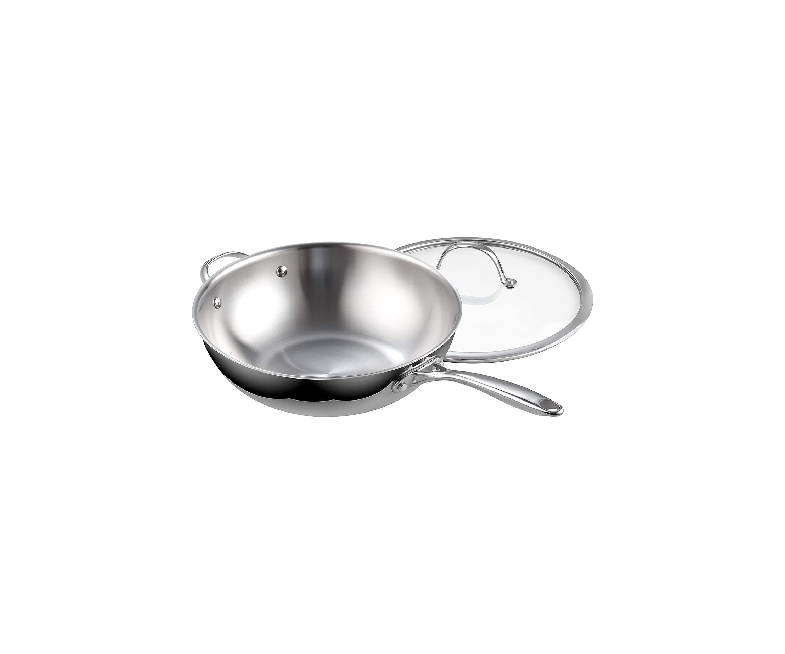 Multi-Ply Clad Stainless Steel Wok Stir Fry Pan with Glass Lid, 12-Inch