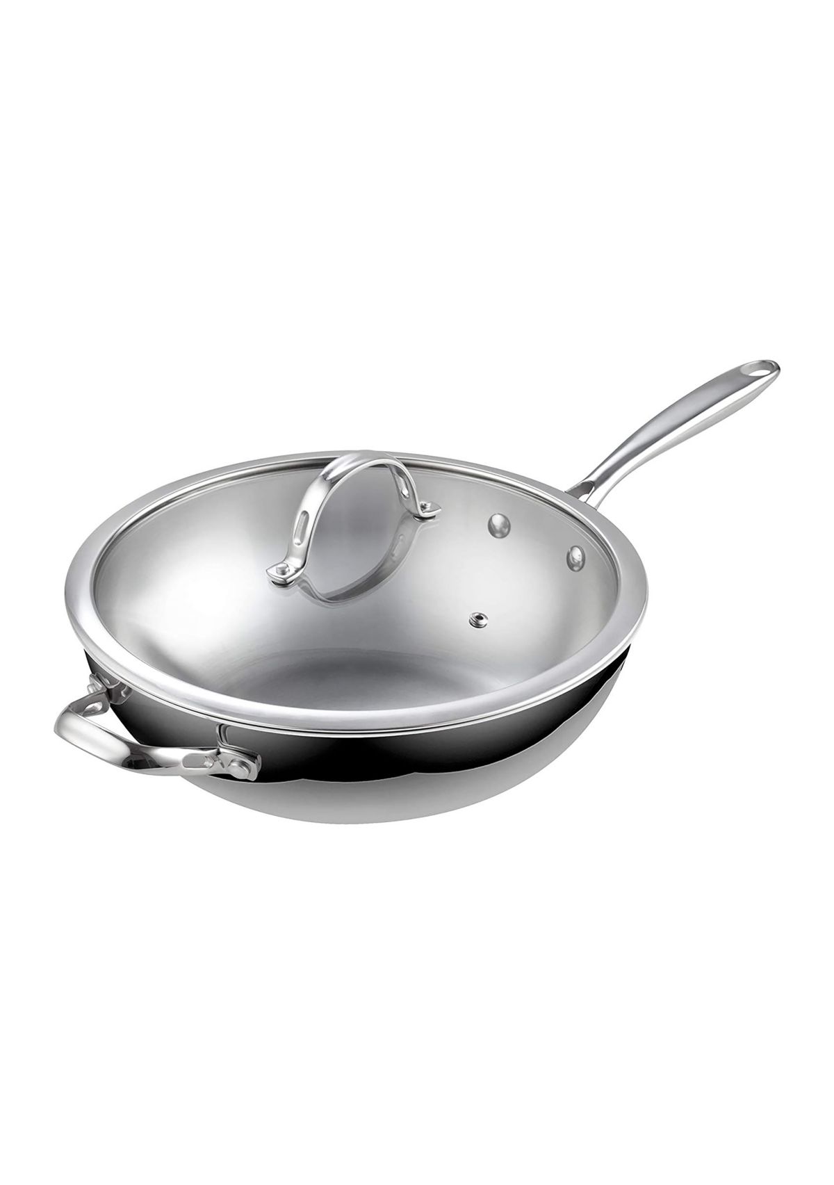 Multi-Ply Clad Stainless Steel Wok Stir Fry Pan with Glass Lid, 12-Inch