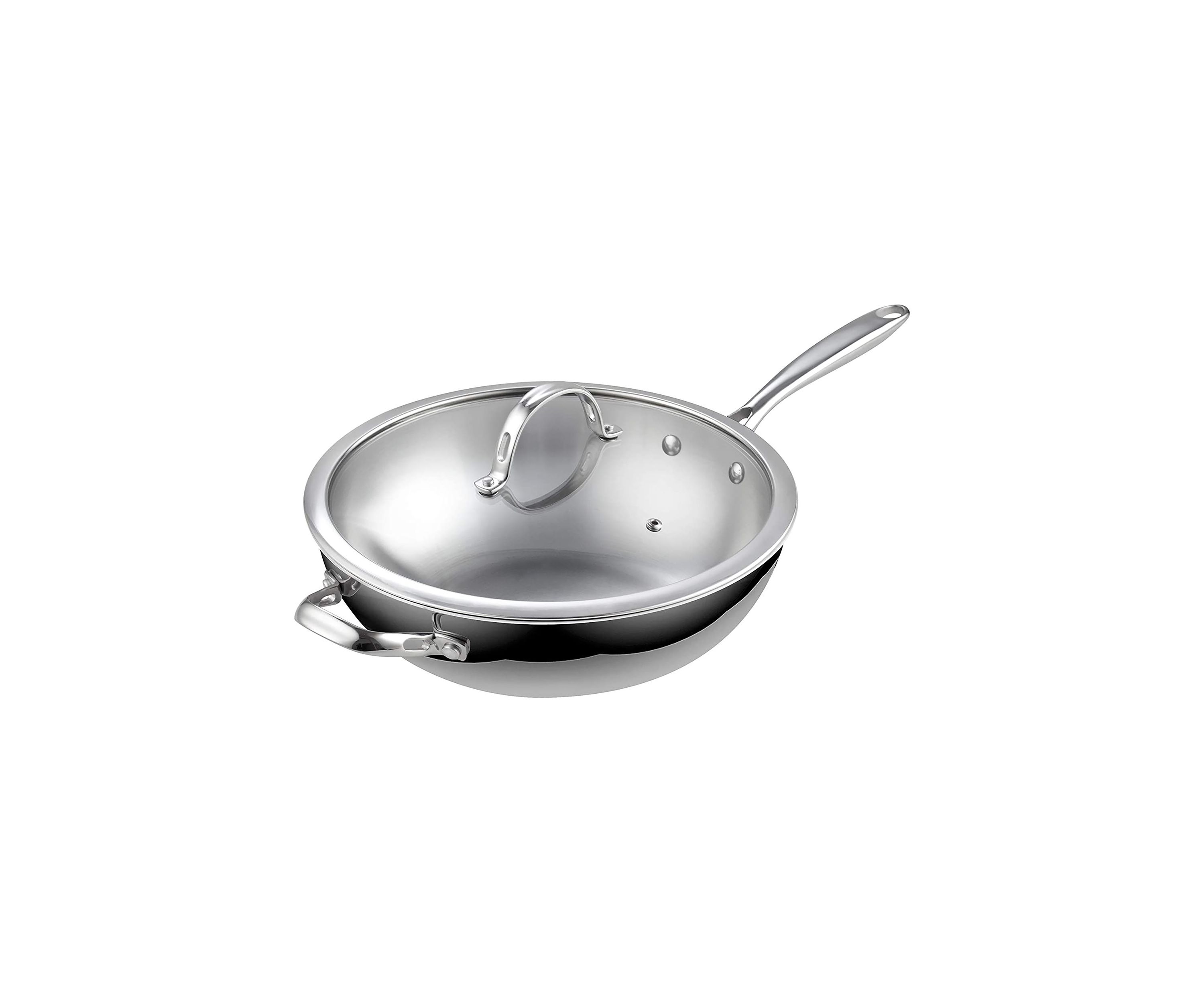 Multi-Ply Clad Stainless Steel Wok Stir Fry Pan with Glass Lid, 12-Inch