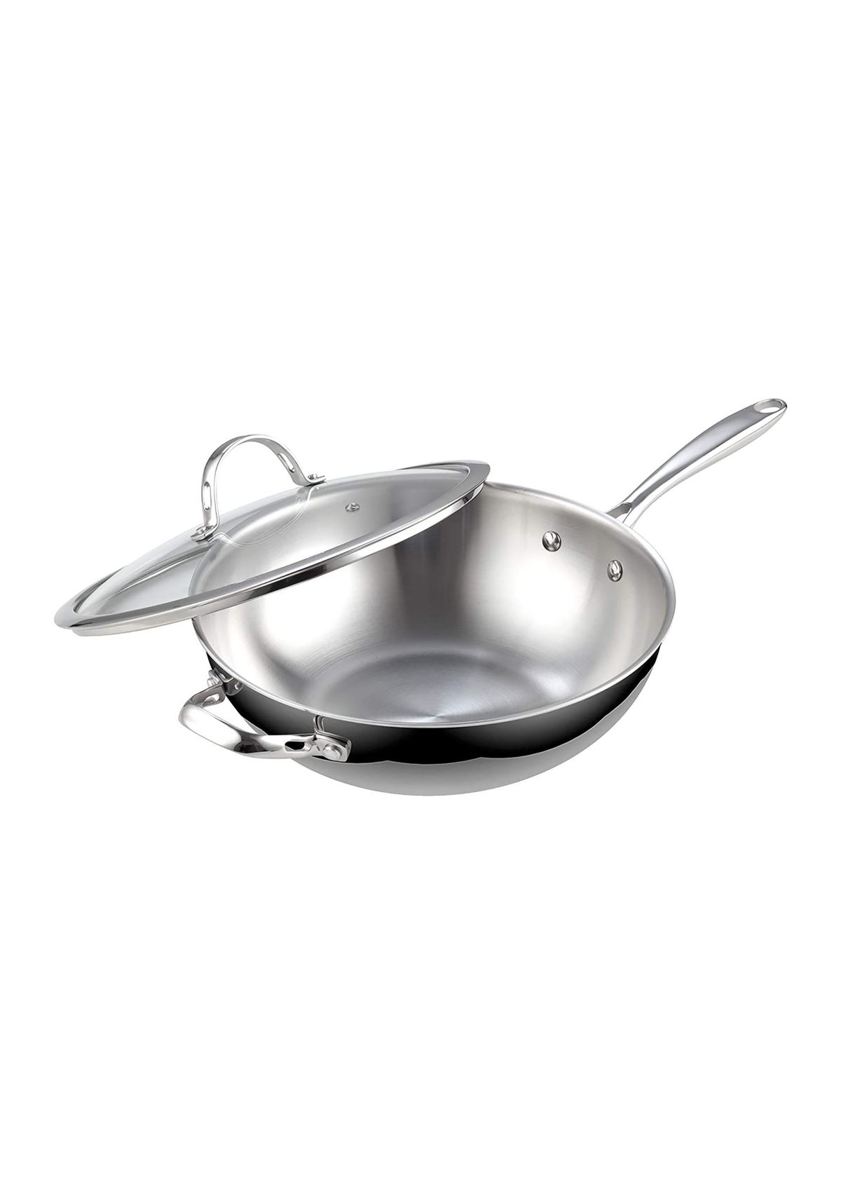 Multi-Ply Clad Stainless Steel Wok Stir Fry Pan with Glass Lid, 12-Inch