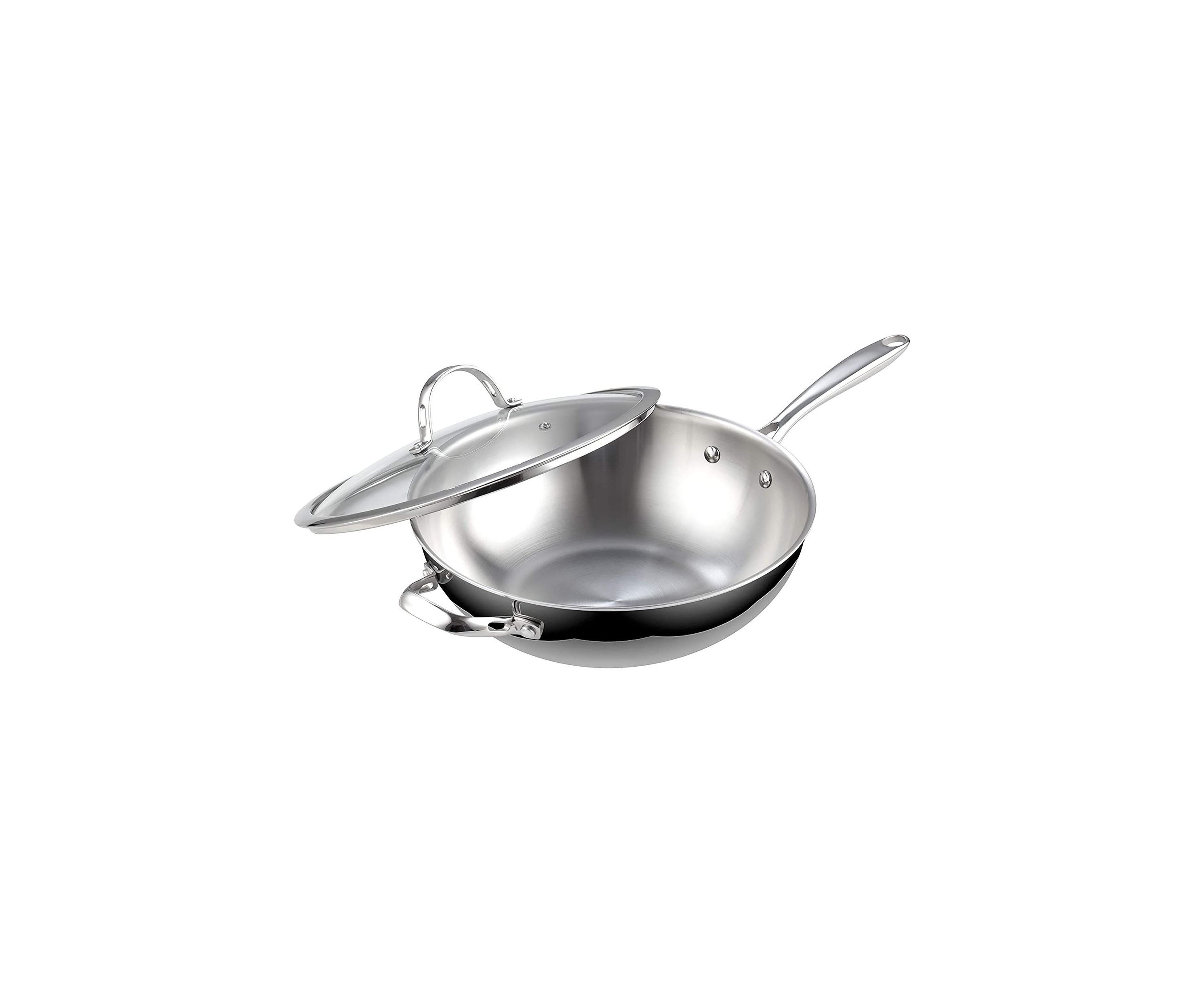 Multi-Ply Clad Stainless Steel Wok Stir Fry Pan with Glass Lid, 12-Inch